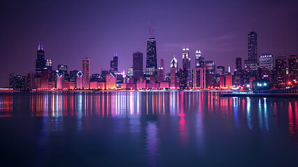 Naklejka premium Captivating Skyline of Chicago: Illinois’ Dazzling Landmark Amidst the Reflective Lake Michigan in Night