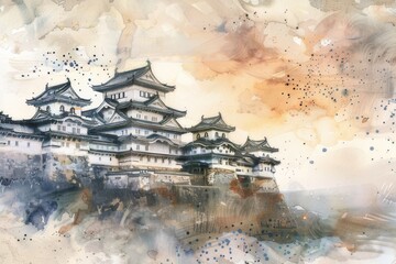 A breathtaking watercolor rendition of the majestic Himeji Castle, capturing its splendid architecture amidst serene surroundings.