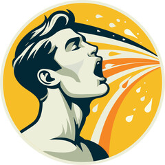 Young guy on a golden background takes the rain. Circular graphic gay symbol, vector graphics