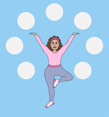 Woman doing balancing exercises. Floating empty spaces surrounding lady. Representing juggling life or multitasking.
