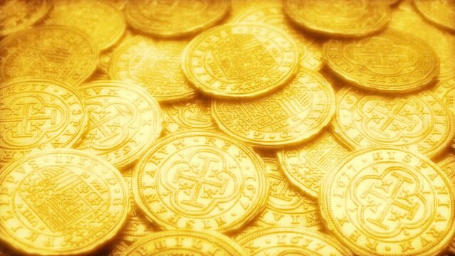 Lots Of Gold Coins Glowing Moving Shot