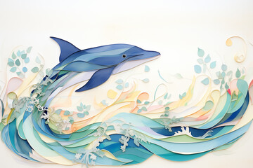 Origami ocean waves cresting around a smiling whale a whimsical close-up scene
