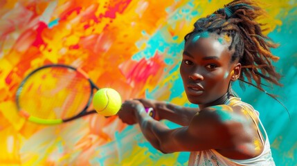 Fototapeta premium Woman posing with tennis racquet in front of colorful painting depicting tennis player in action