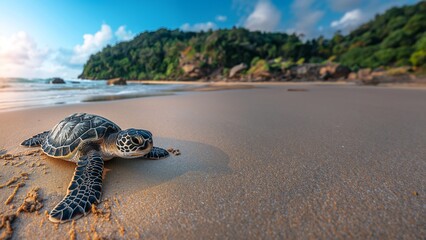 Schildkröte am Sandstrand mit Meer als Hintergrundmotiv, ai generativ - obrazy, fototapety, plakaty