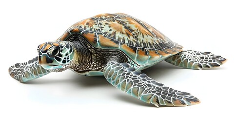 Obraz premium Ancient Green Sea Turtle Gracefully Navigating Tranquil Ocean Currents on Isolated White Canvas