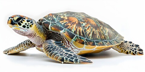 Obraz premium Majestic Green Sea Turtle's Timeless Aquatic Journey on Pristine White Backdrop