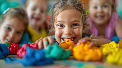 Happy Kids Create Things With Modeling Clay Of Different Colors. Tactile Experience. Fun And Creativity Of Children