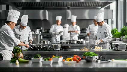 A group of chefs in their uniform are busy cooking various cuisines in a commercial kitchen, using tableware to prepare delicious dishes following the chefs recipes