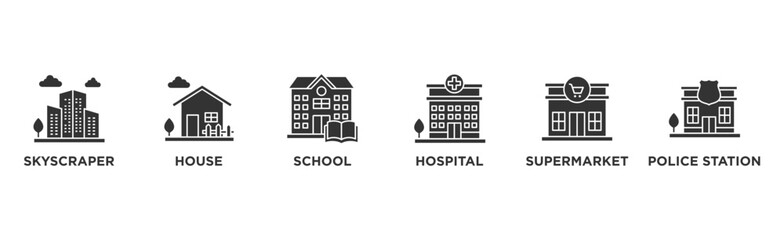Buildings banner web icon vector illustration concept with icon of skyscraper, house , school, hospital , supermarket	
