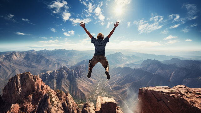 A man jumps at the summit of a mountain, expressing the sheer joy of reaching the pinnacle of his journey