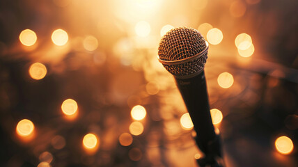 A microphone stands on stage, awaiting its moment to amplify voices and capture the essence of performance in the spotlight
