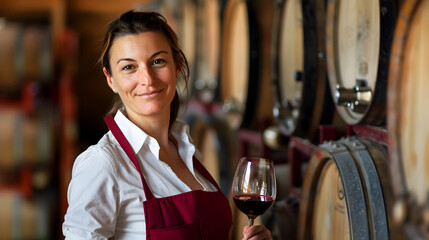 Naklejka premium A female winemaker with a glass of wine in her hand and barrels of wine behind her