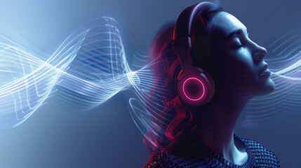 A silhouetted woman with vibrant pink headphones immersed in flowing digital sound waves representing music or audio technology - 762242918