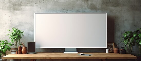 A flat panel display, also known as a computer monitor accessory, is positioned on top of a wooden desk, serving as a multimedia display device for events or laptop use - obrazy, fototapety, plakaty
