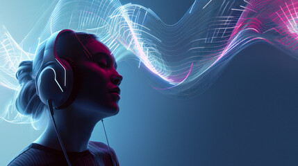 An image showing a figure with hidden face with headphones against vibrant pink and blue light streaks - 762242970