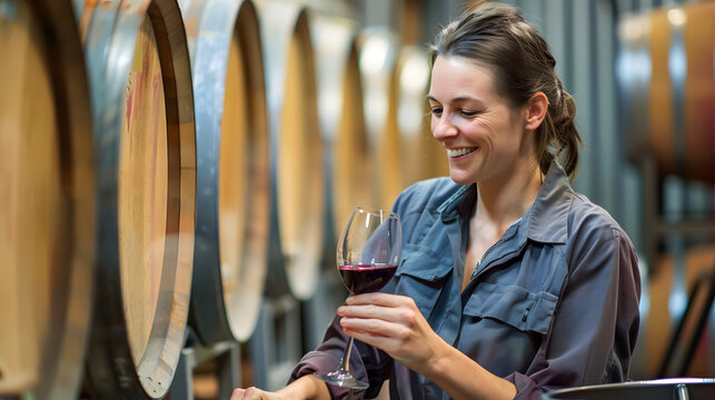 A female winemaker with a glass of wine in her hand and barrels of wine behind her