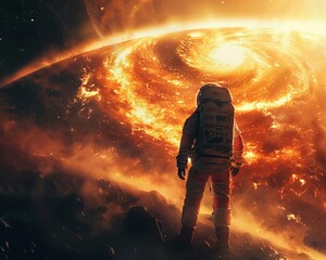 In the vast expanse of space, a cosmic anomaly distorts time around a spaceship crew Frozen in time, they witness the universe shift around them Realistic image with golden hour lighting - obrazy, fototapety, plakaty