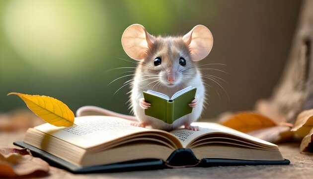 A Mouse Reading A Tiny Book With A Leaf As A Cover