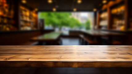 empty wooden table with blurred restaurant background