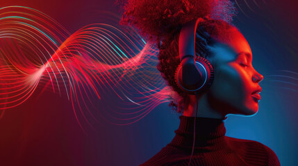 A captivating image showcases a side profile silhouette with red flowing waves representing sound or energy