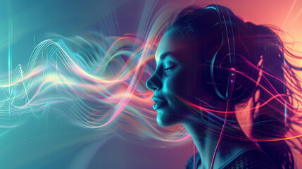Vibrant artwork featuring a person with headphones and flowing neon abstract lines portraying a music or audio theme - obrazy, fototapety, plakaty