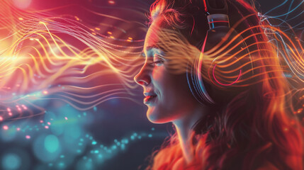 Abstract flowing colorful energy waves evoke the dynamism of music alongside a pair of headphones