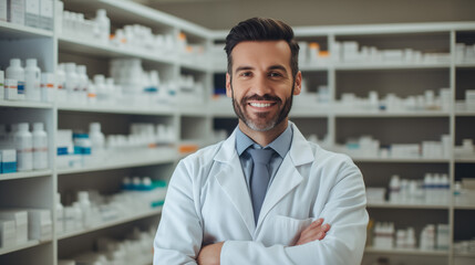 A friendly male pharmacist smiles confidently in front of a well-stocked pharmacy shelf, ready to assist with healthcare needs.
