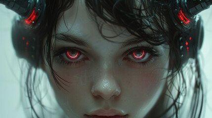 beautiful face of an android girl with mechanical eyes with red light, futuristic headphones with horns, poster, banner