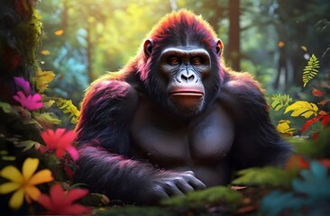 Obraz premium A muscular ape in the colorful forest