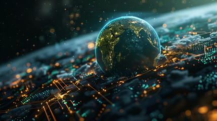 Active world trade, world market. Global electronics market ,Futuristic world map with binary code data and holographic continents. Cybersecurity and technology
