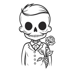skull with a rose vector illustrations. simple desing outline style. drawing line art.