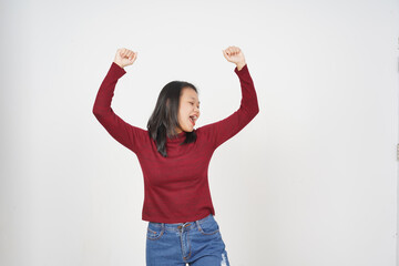 Young Asian woman in Red t-shirt Just dance isolated on white background