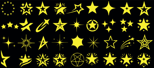 Glowing star vector set, various shapes of yellow stars on black background. Perfect for celestial, space themed designs, decorations, Bright stars illuminate dark space with sparkling light