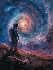 Amidst swirling time anomalies, a lone astronaut becomes an observer of past and future events A surreal scene painted with Rembrandt lighting, capturing the awe and uncertainty of time travel - obrazy, fototapety, plakaty