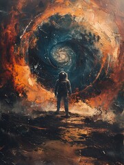 Amidst swirling time anomalies, a lone astronaut becomes an observer of past and future events A surreal scene painted with Rembrandt lighting, capturing the awe and uncertainty of time travel - obrazy, fototapety, plakaty