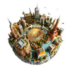 A tiny world with a Bitcoin token as a central monume - Cut out, Transparent background