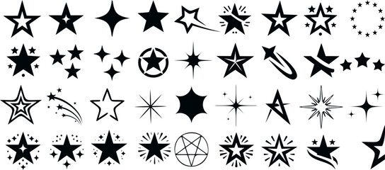 Star Vector Illustration:, star silhouette vector illustration featuring a diverse collection of stars and star like shapes,showcases solid, outlined, and dotted stars - obrazy, fototapety, plakaty
