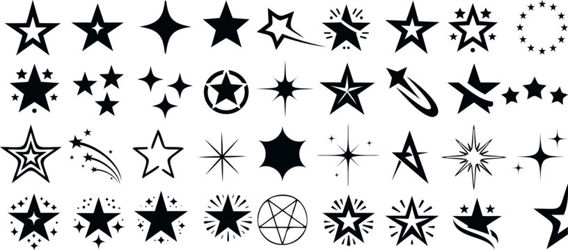 Star Vector Illustration:, star silhouette vector illustration featuring a diverse collection of stars and star like shapes,showcases solid, outlined, and dotted stars