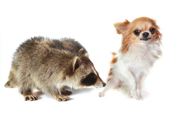 young raccoon and chihuahua
