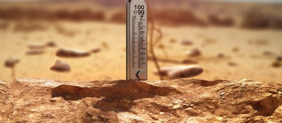 Dry earth with thermometer, global warming and climate change concept,cracked ground background - obrazy, fototapety, plakaty