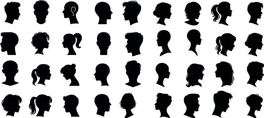 head Silhouette, diverse hairstyles, head profiles, vector illustration, white background, beauty, fashion concepts. Ideal for identity, male, female