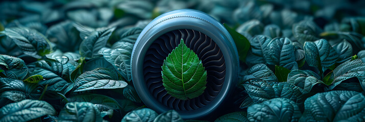 Close up of a jet engine with a green leaf symbol,
An enigmatic magnifying glass illuminates secrets on a mysterious blue stage and reveals hidden secrets
 - obrazy, fototapety, plakaty