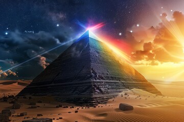 Pyramid Interstellar traveling through time and space crossing multi dimensional planets watching a rainbow light coming towards the earth created with Generative AI Technology - obrazy, fototapety, plakaty