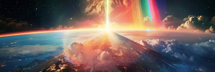 Pyramid Interstellar traveling through time and space crossing multi dimensional planets watching a rainbow light coming towards the earth created with Generative AI Technology - obrazy, fototapety, plakaty