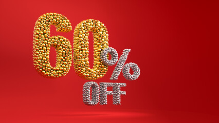 60% sale background with golden shiny numbers. Up to 60 Percent Discount Sign on red background.	