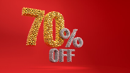 Golden sale 70 percent on red background. Shine gold selling 70 percent off animation on red background.	