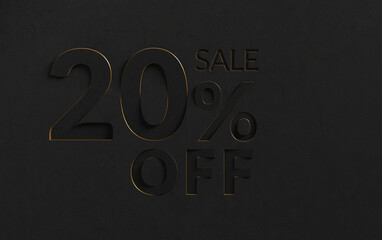 Black 20% off special offer on black background. Sale Up to 20 Percent Off, Sale Symbol, Special Offer background.	