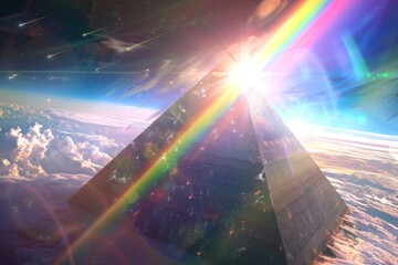 Pyramid Interstellar traveling through time and space crossing multi dimensional planets watching a rainbow light coming towards the earth created with Generative AI Technology