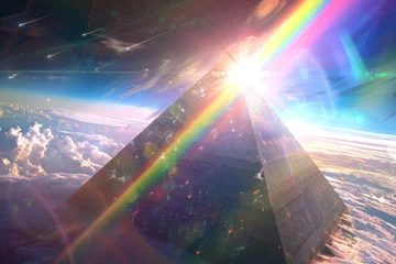 Photo sur Plexiglas Violet Pyramid Interstellar traveling through time and space crossing multi dimensional planets watching a rainbow light coming towards the earth created with Generative AI Technology