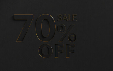 Golden sale 70 percent on black background. Shine gold selling 70 percent off animation on black background.	